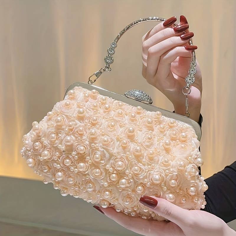 Faux Pearl Decor Evening Bag, 3D Flower Wedding Bridal Bag, Top Ring Clutch Purse for Prom Banquet,Temu